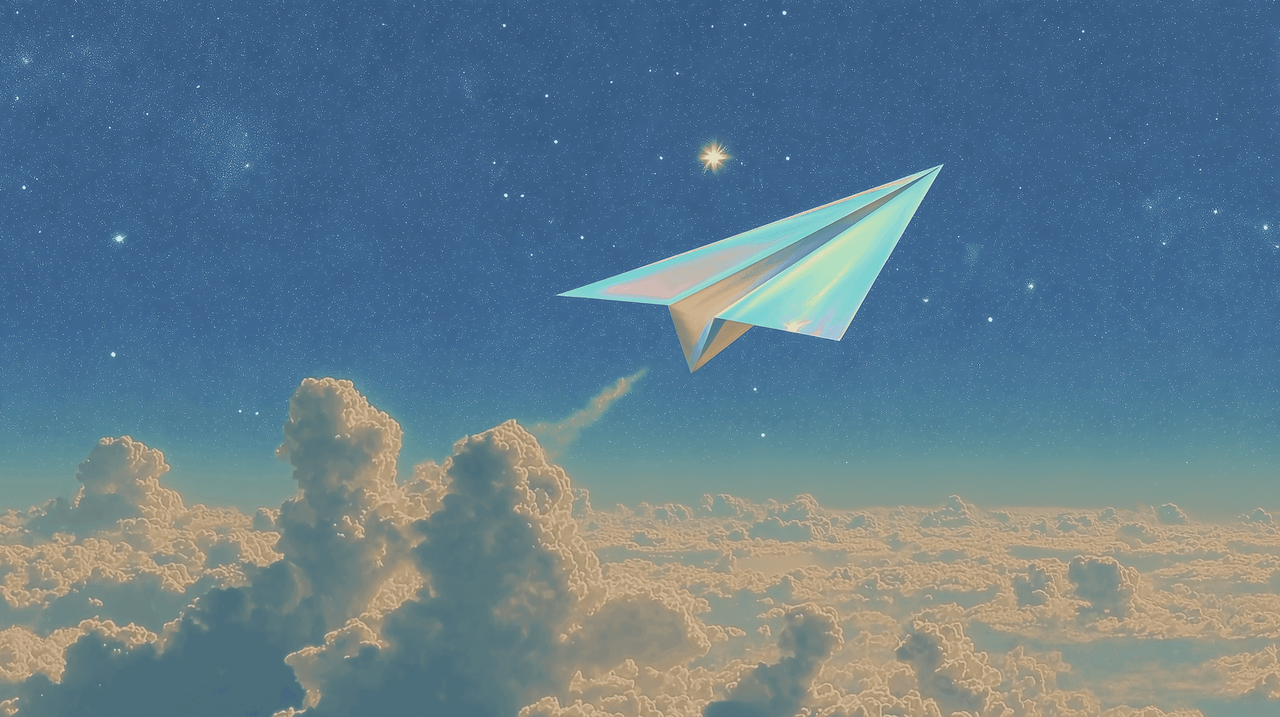 雲の上を紙飛行機が飛んでいるイラスト